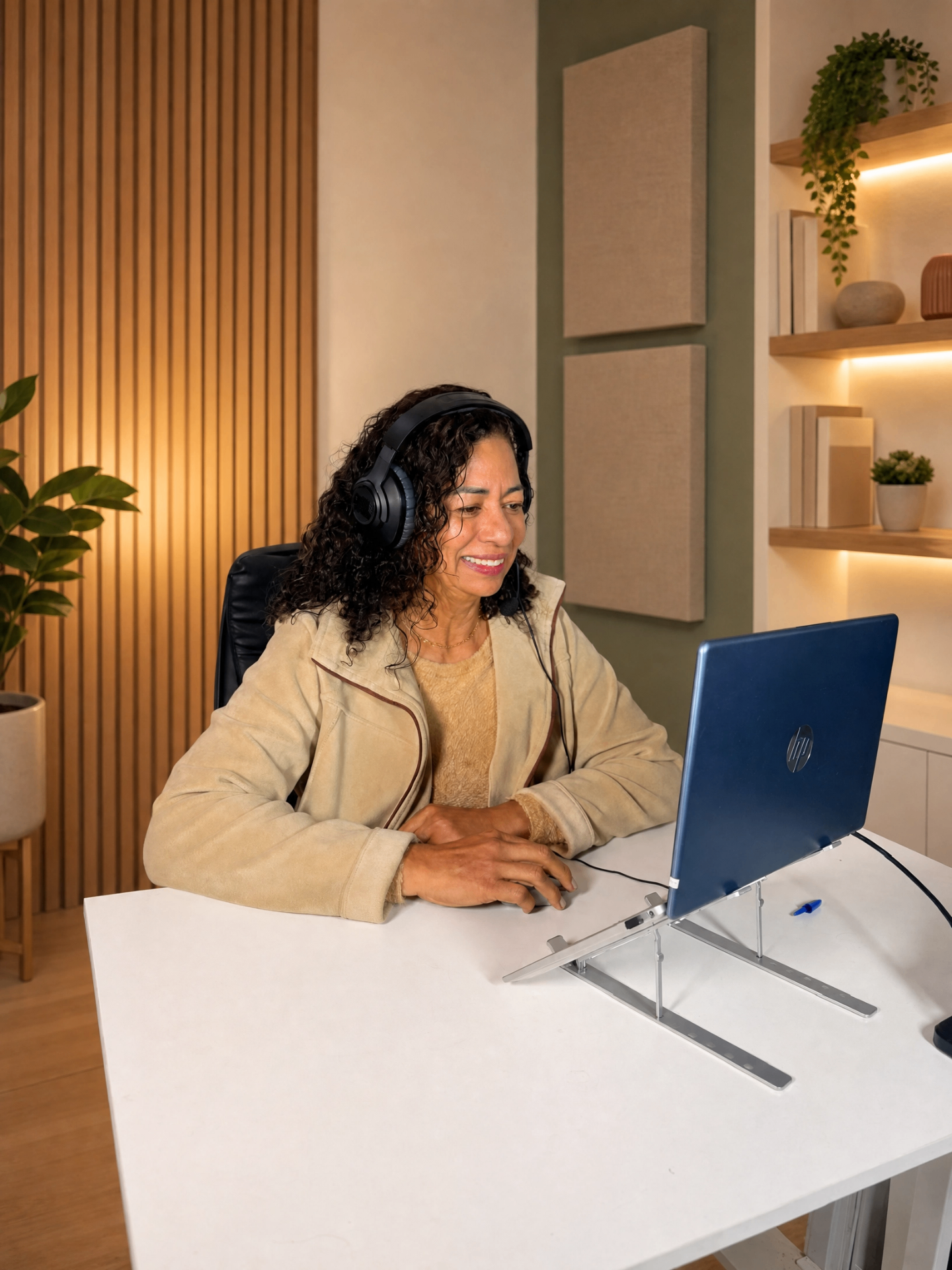 Laptop aberto em ambiente acolhedor para sessão online